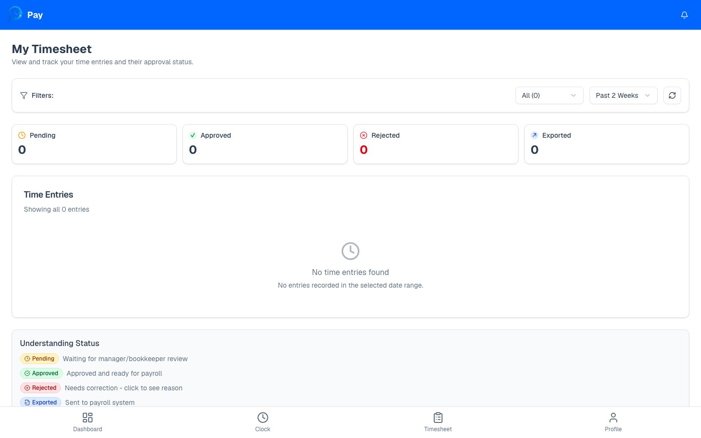 My Timesheet page with status filters and a list of time entries