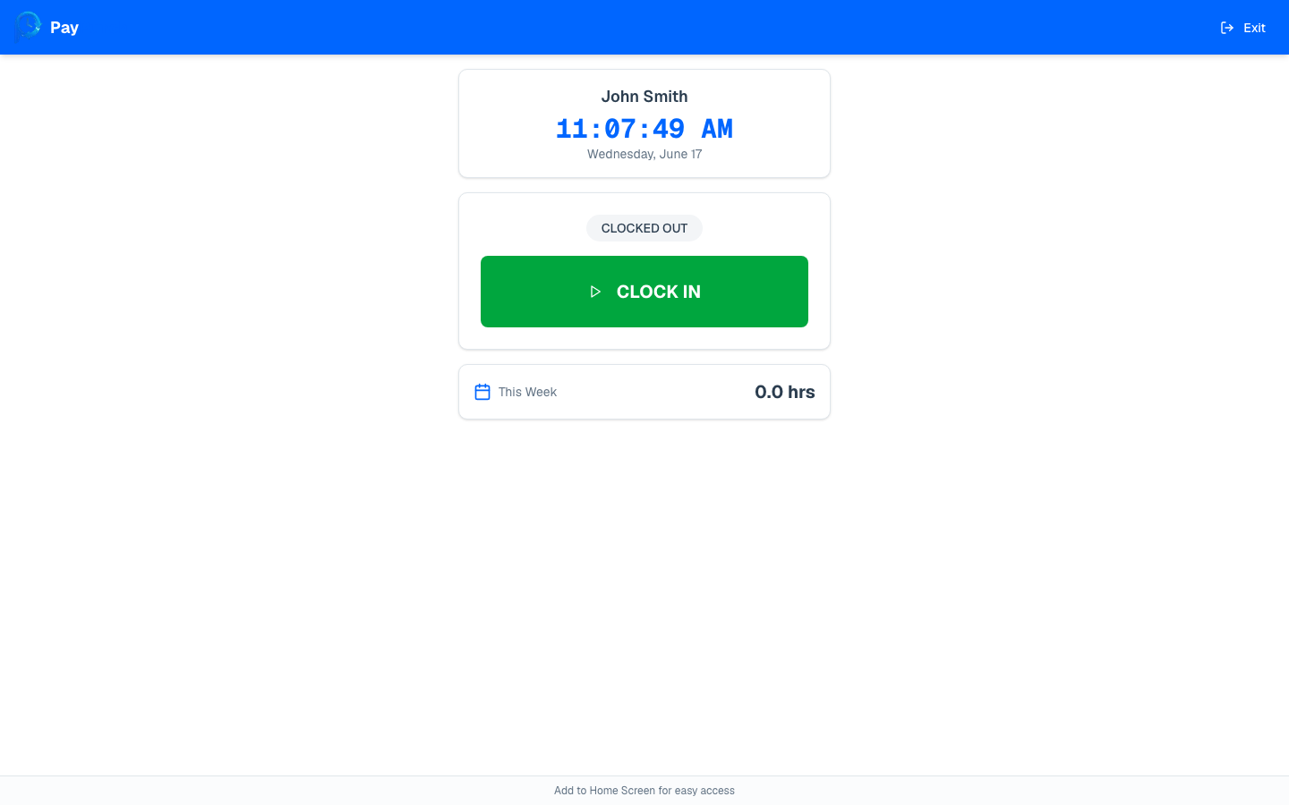 Shared time clock screen showing employee name, current time, and clock-in button