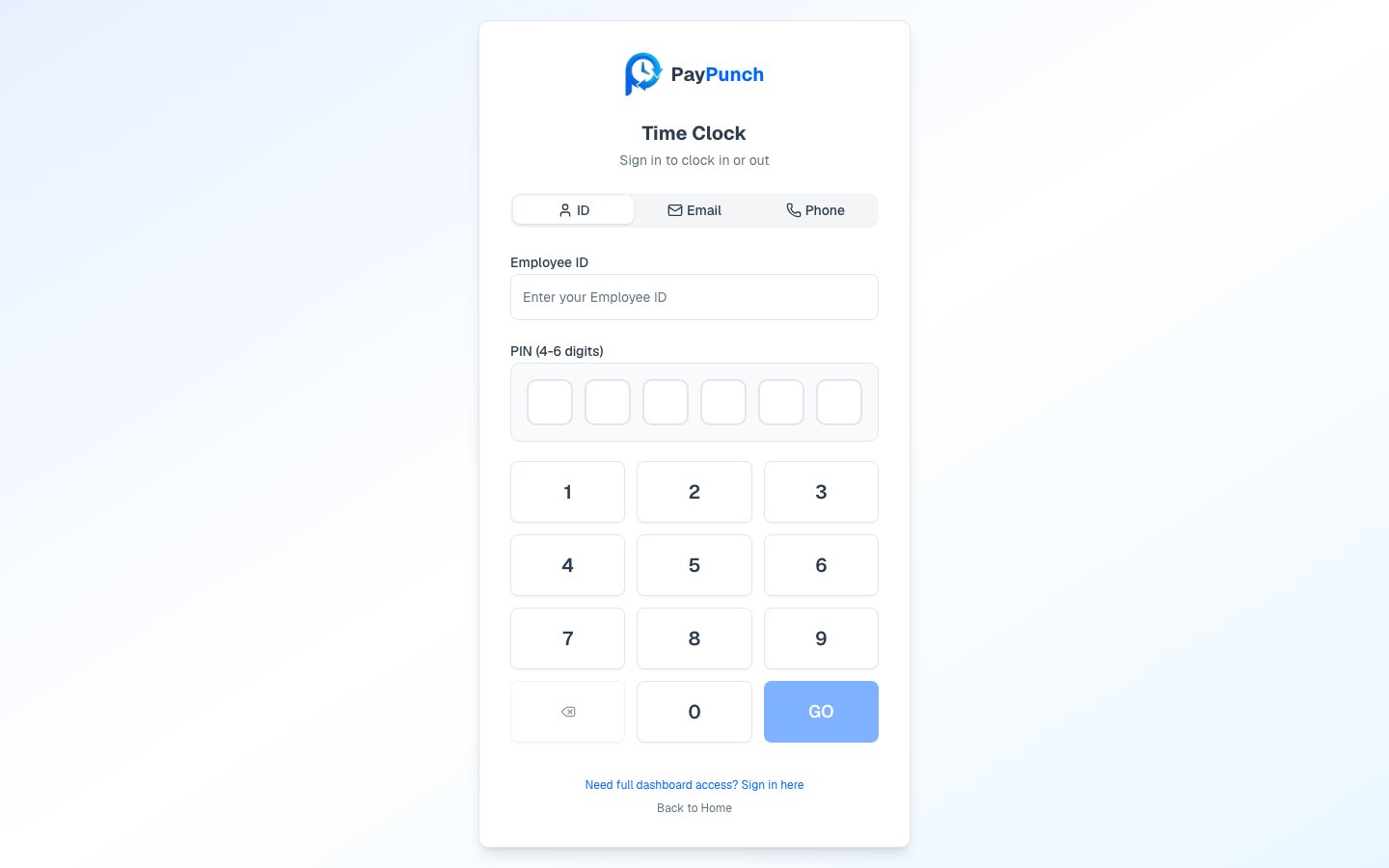 Time clock PIN sign-in screen with ID/Email/Phone tabs and number keypad