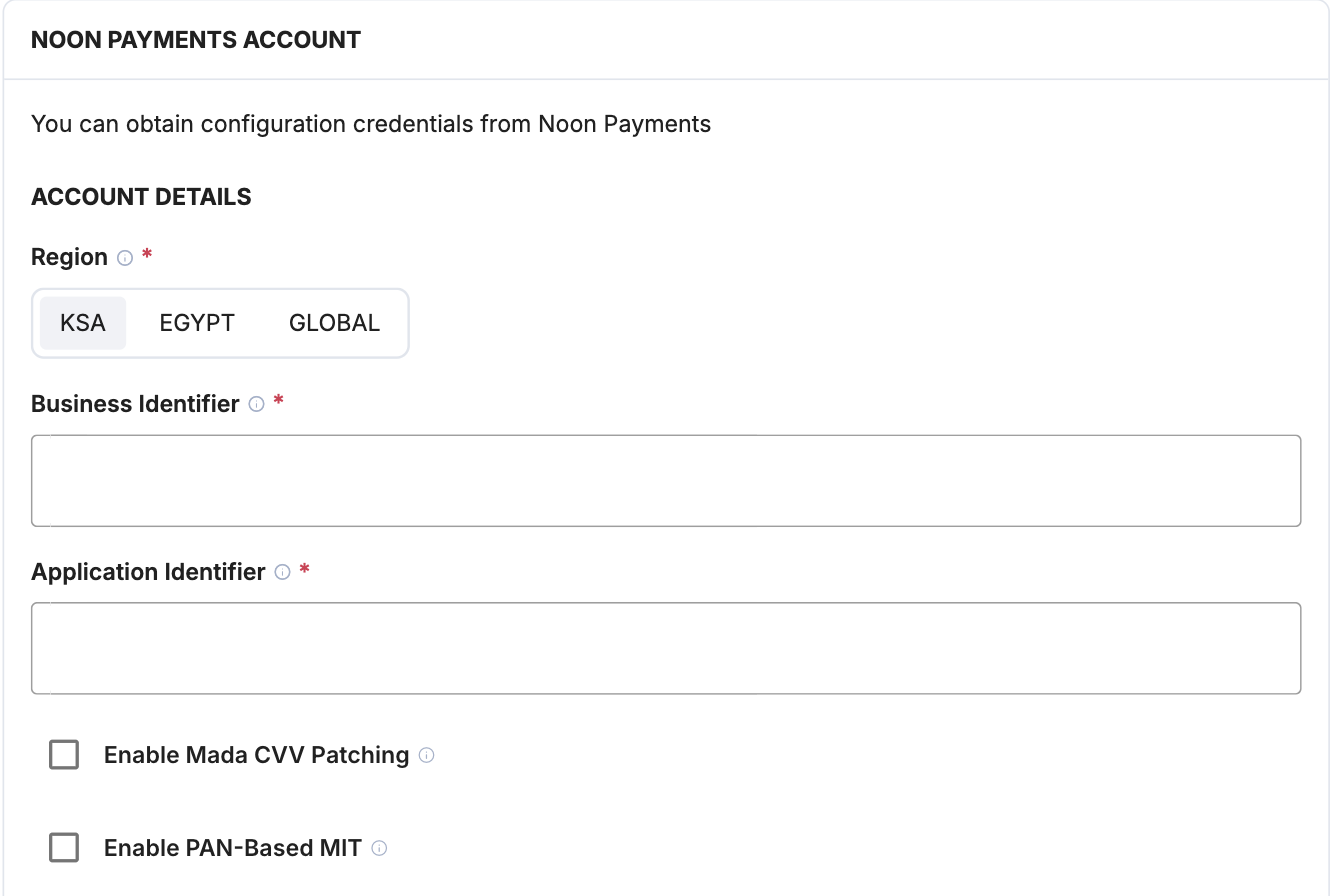 A screenshot showing the Noon Payments account details fields.