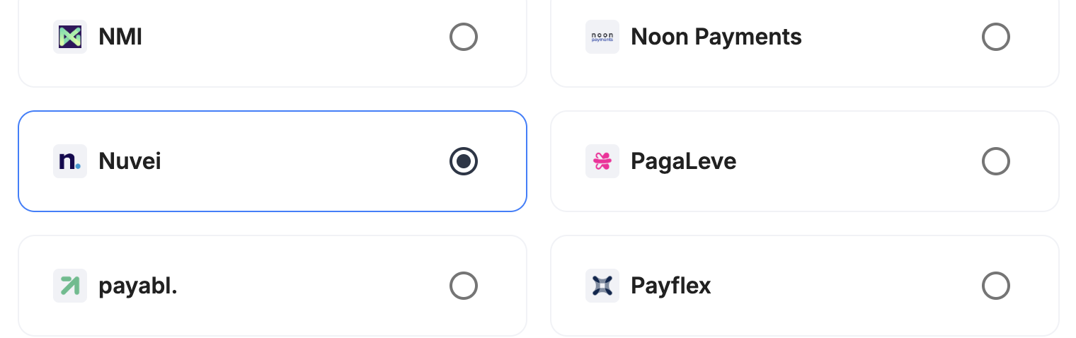 A screenshot showing Nuvei selected as the provider.