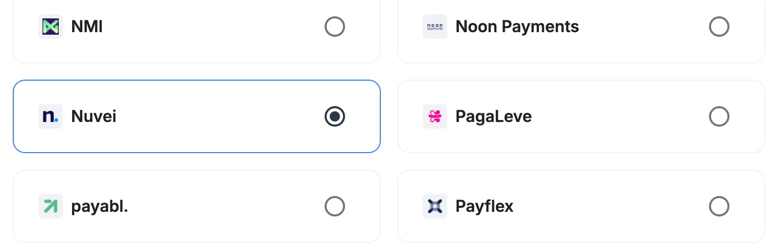 A screenshot showing Nuvei selected as the provider.