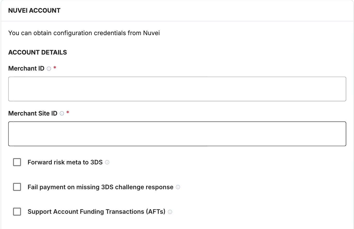 A screenshot showing the Nuvei account details fields.
