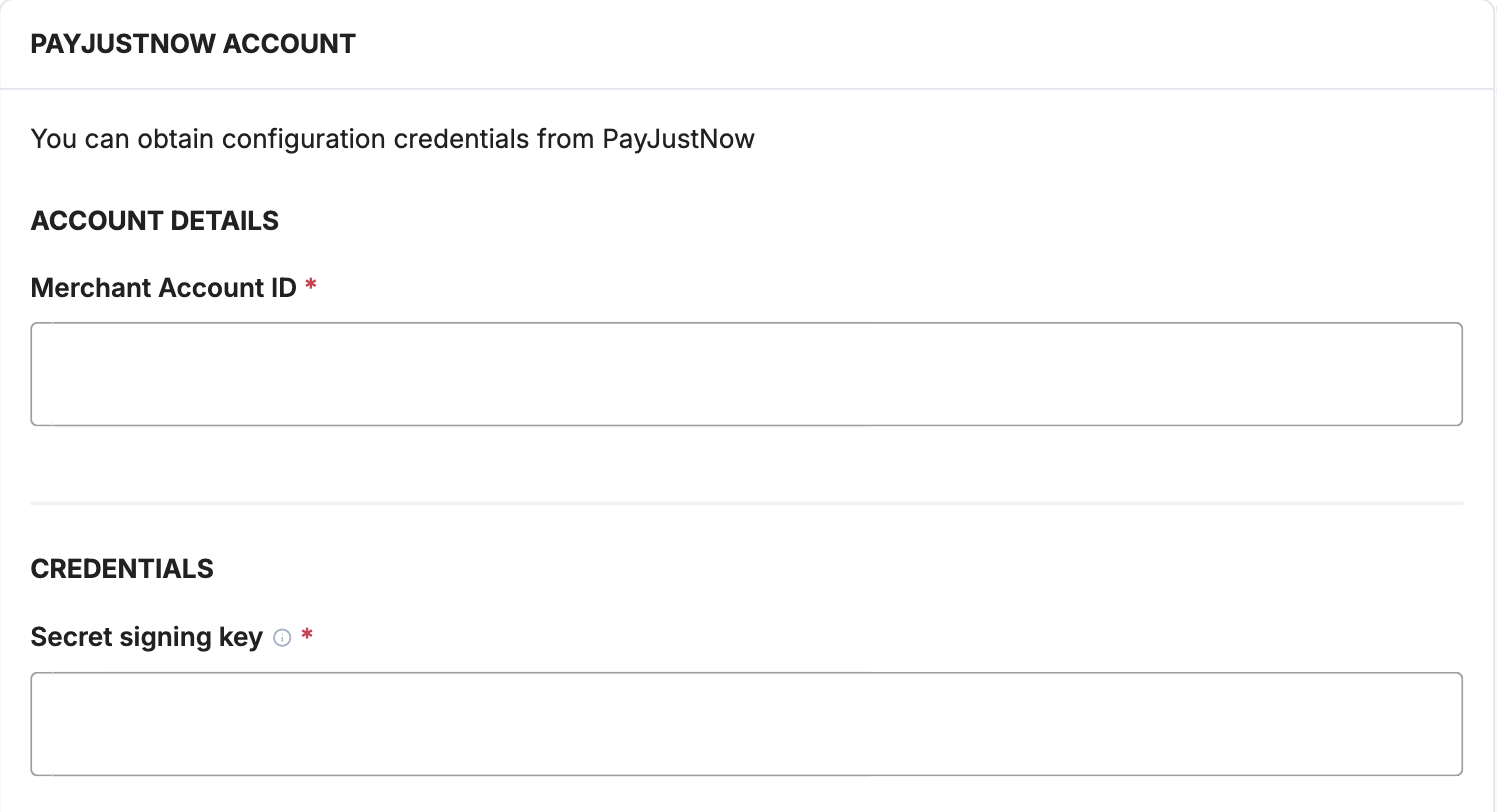 A screenshot showing the PayJustNow account details fields.