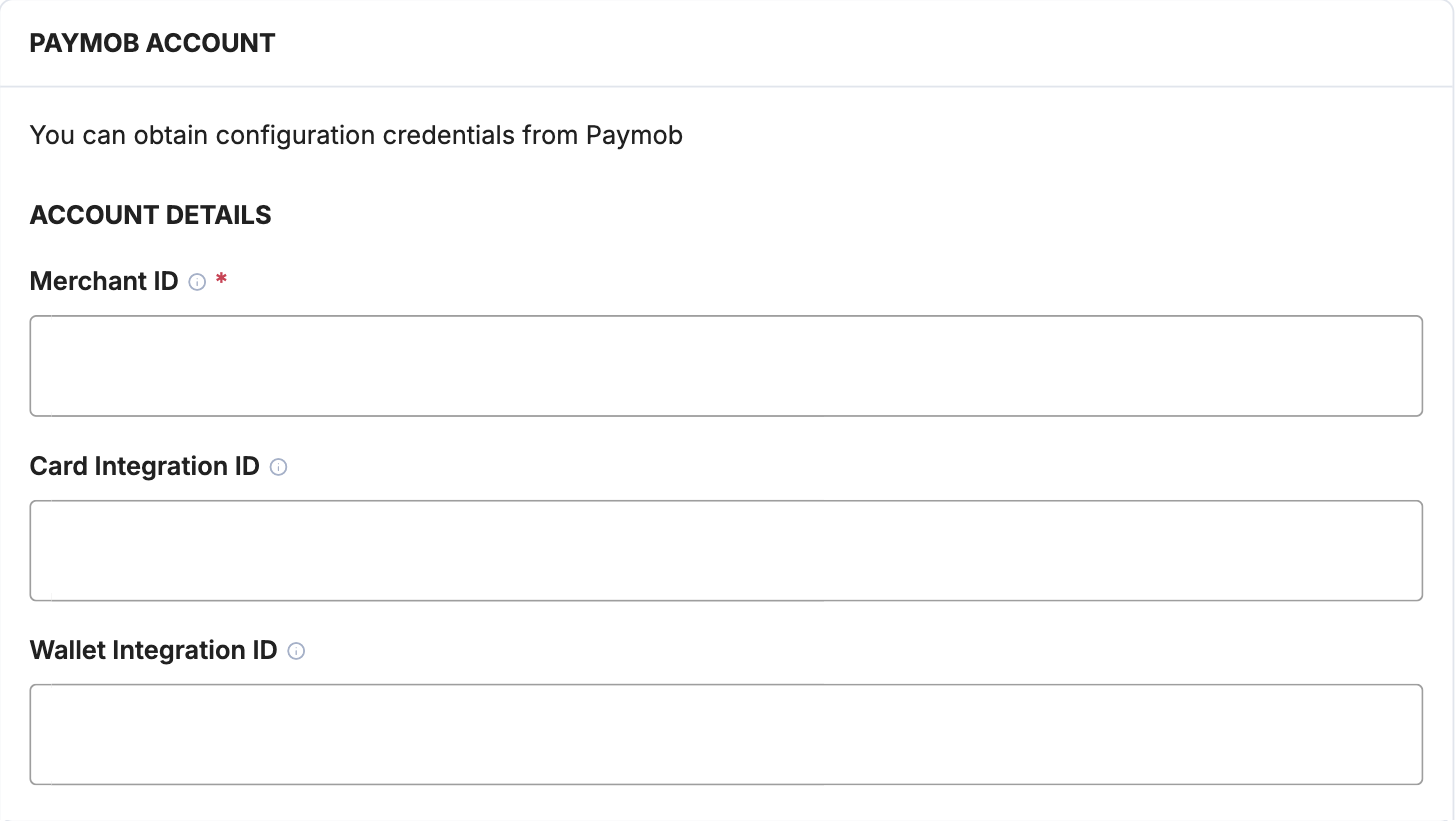 A screenshot showing the Paymob account details fields.