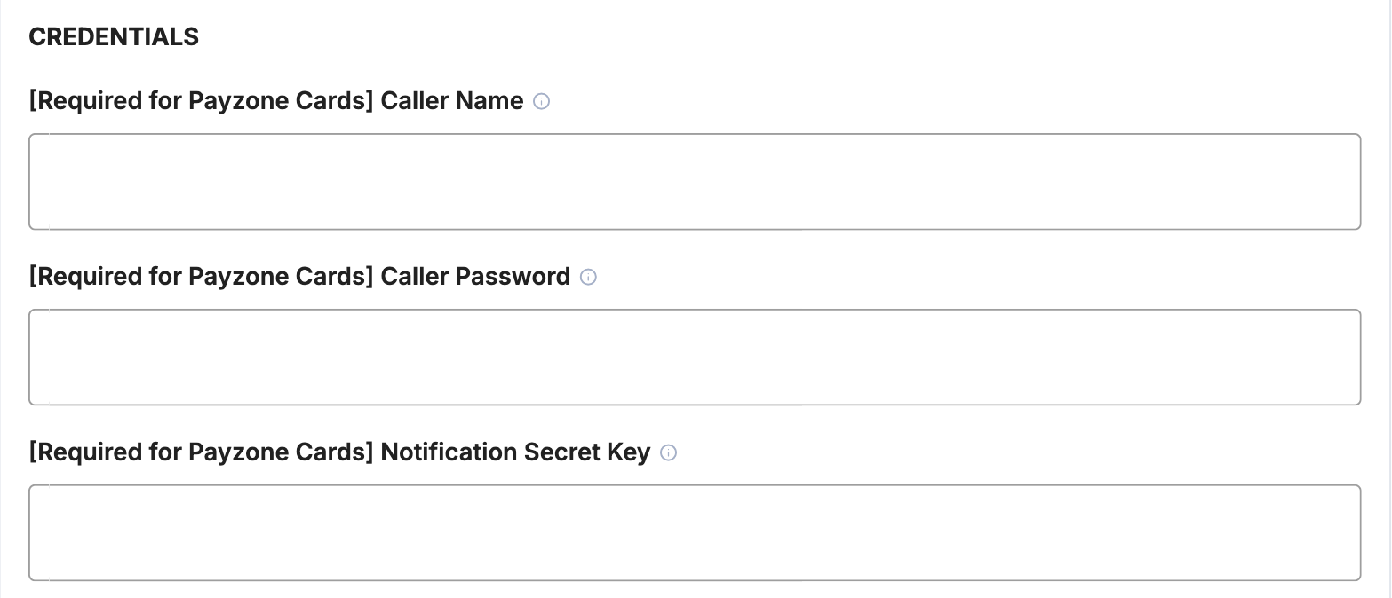A screenshot showing the Payzone card credential fields.