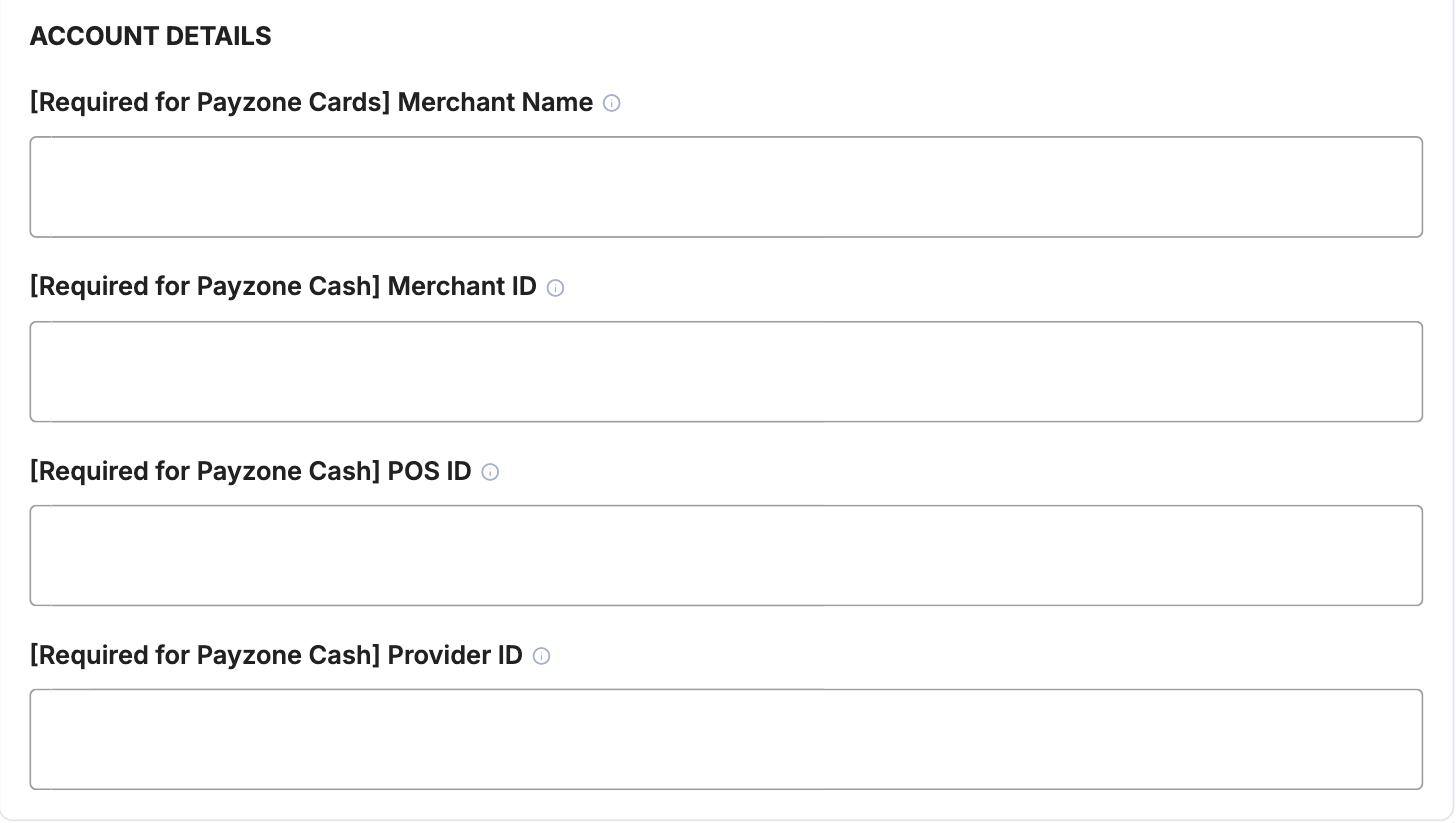A screenshot showing the Payzone account details fields for cards and Payzone Cash.