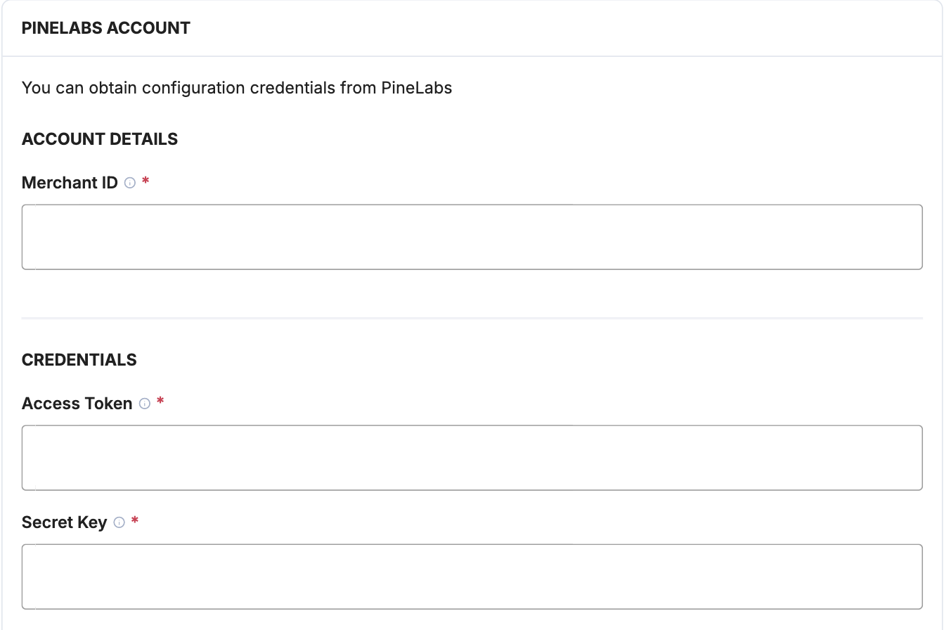 A screenshot showing the Pine Labs account details fields.