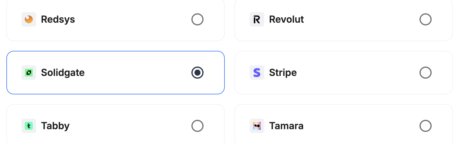 A screenshot showing Solidgate selected as the provider.