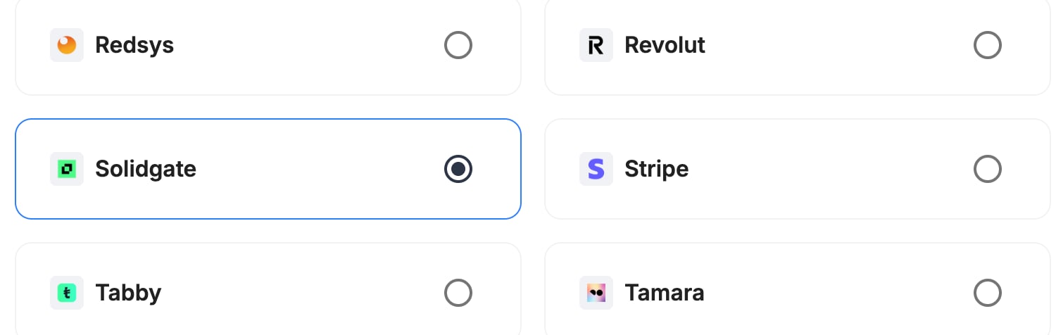 A screenshot showing Solidgate selected as the provider.