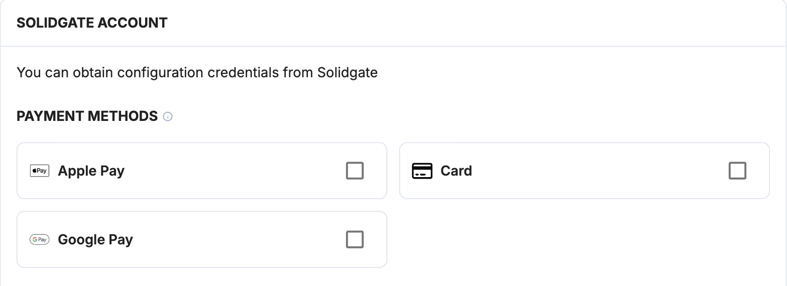 A screenshot showing the Solidgate payment method selection.