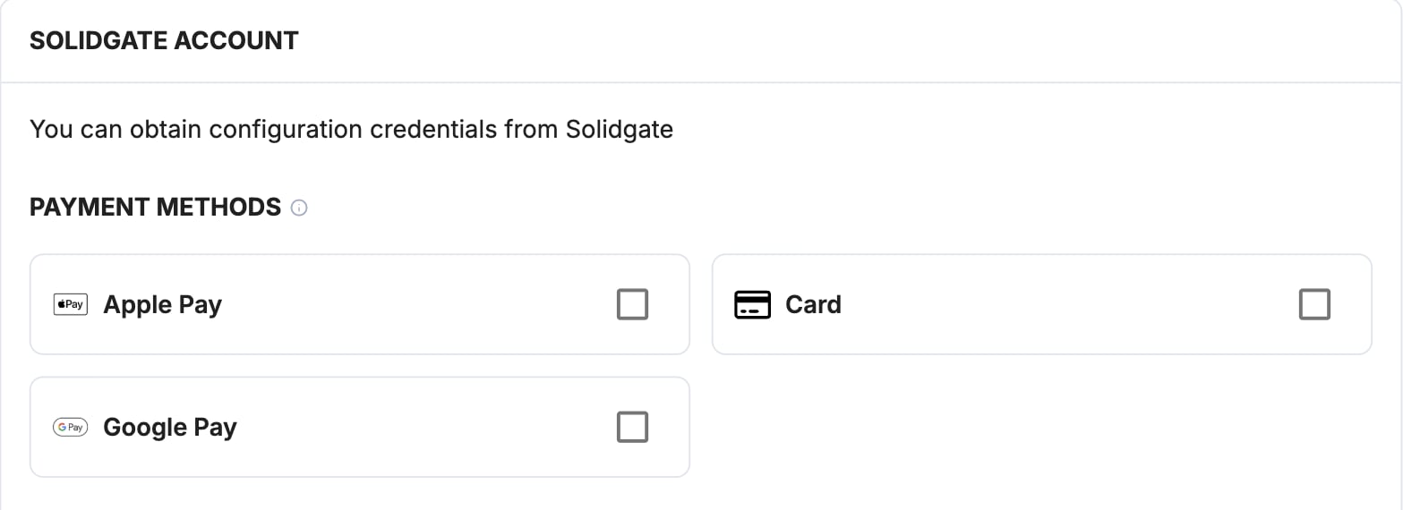 A screenshot showing the Solidgate payment method selection.