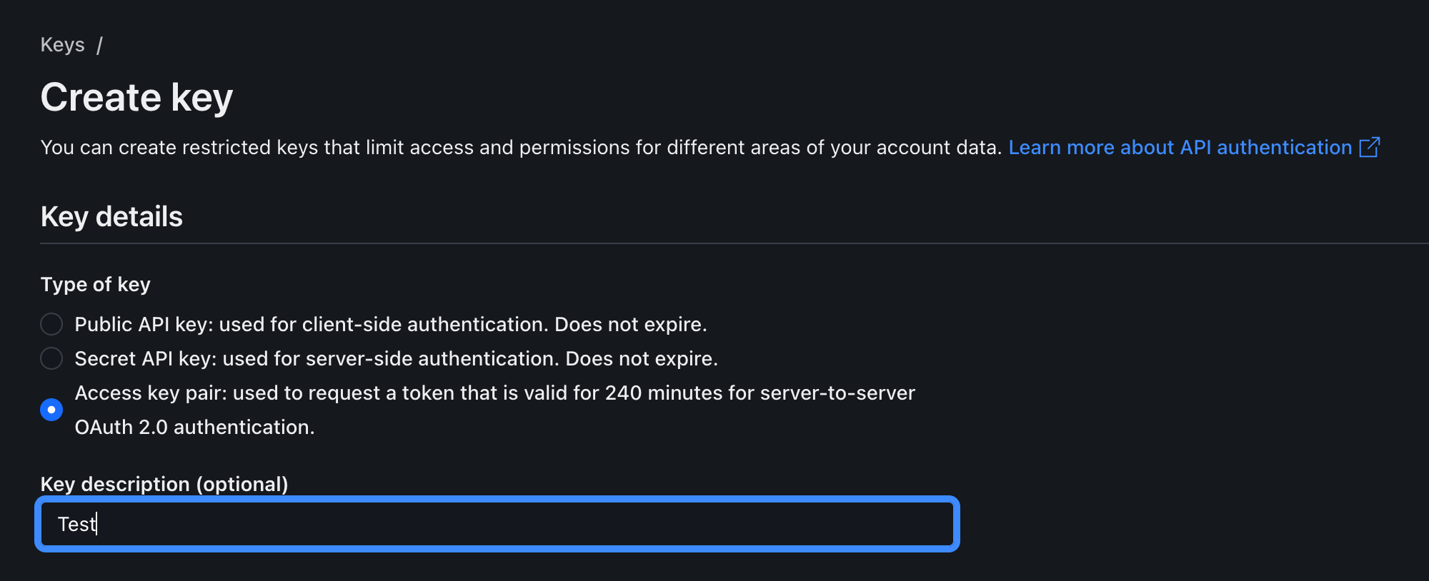 Checkout.com dashboard page for creating a new API key
