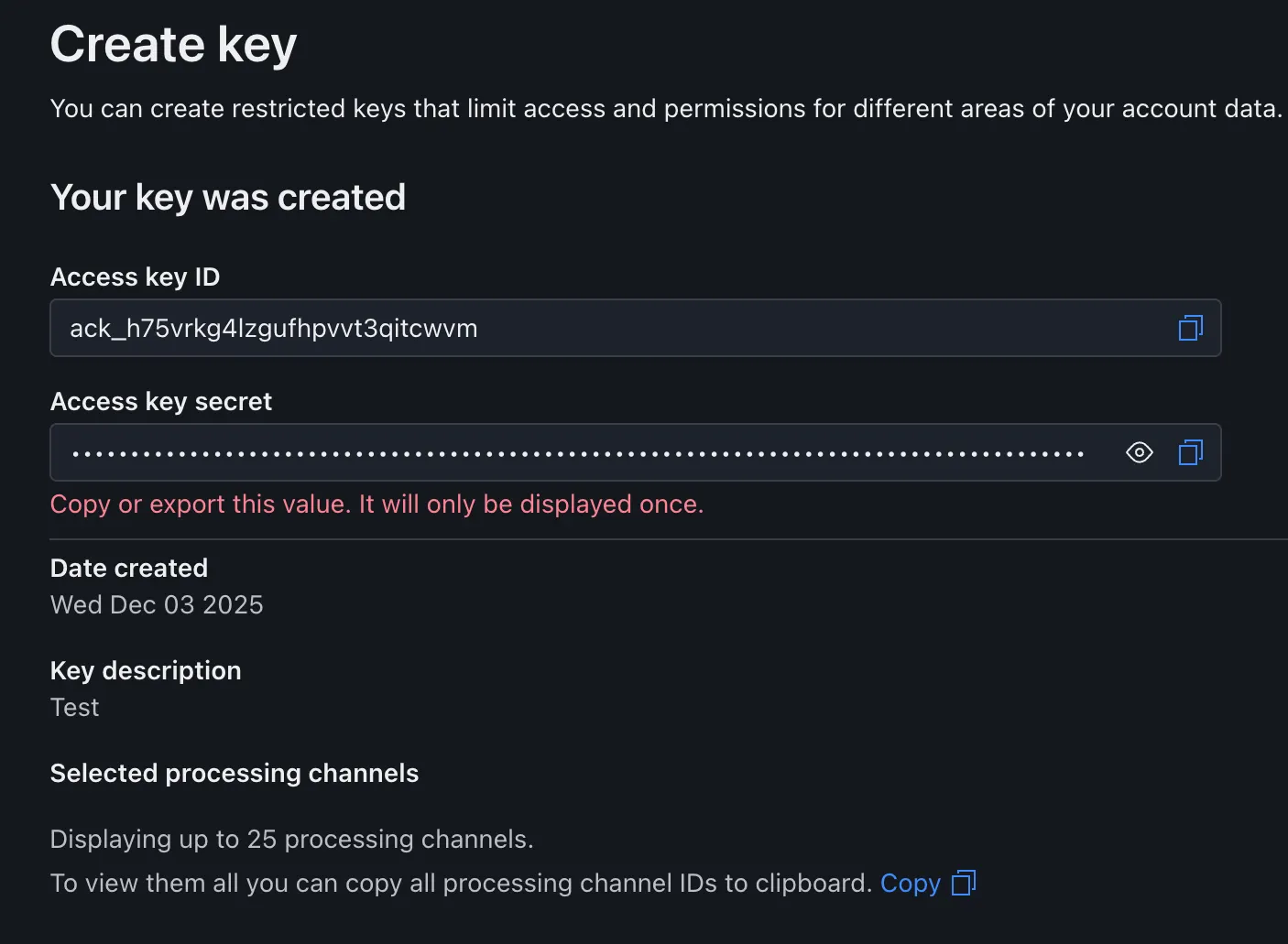 Checkout.com newly created access key pair details