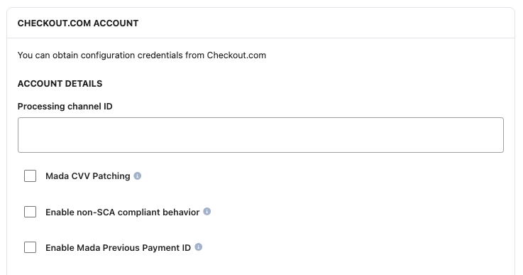 A screenshot showing the Checkout.com account fields.