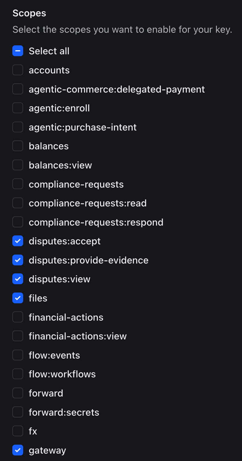 Checkout.com key configuration options during API key setup