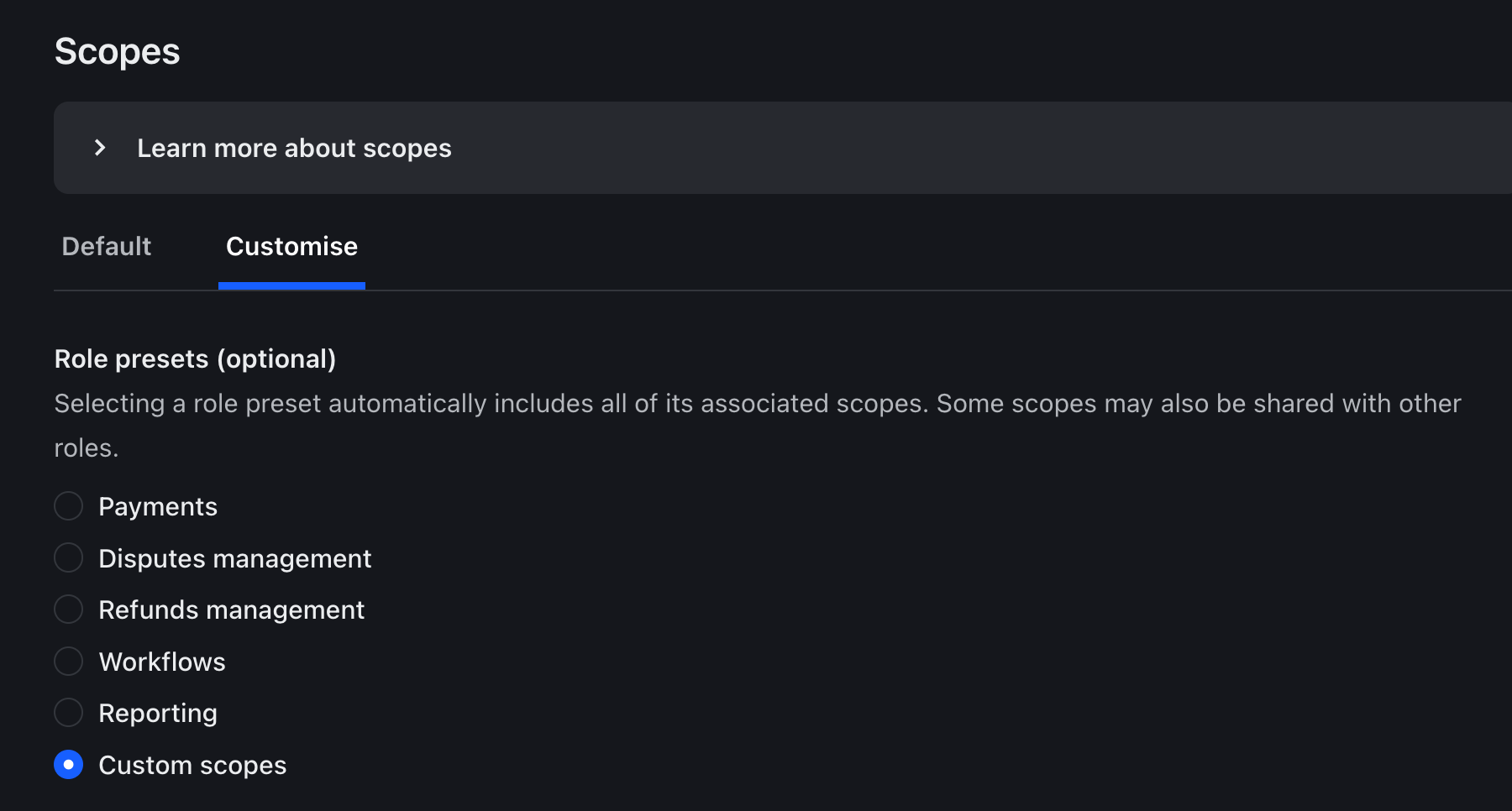 Checkout.com custom scopes selection for API key permissions