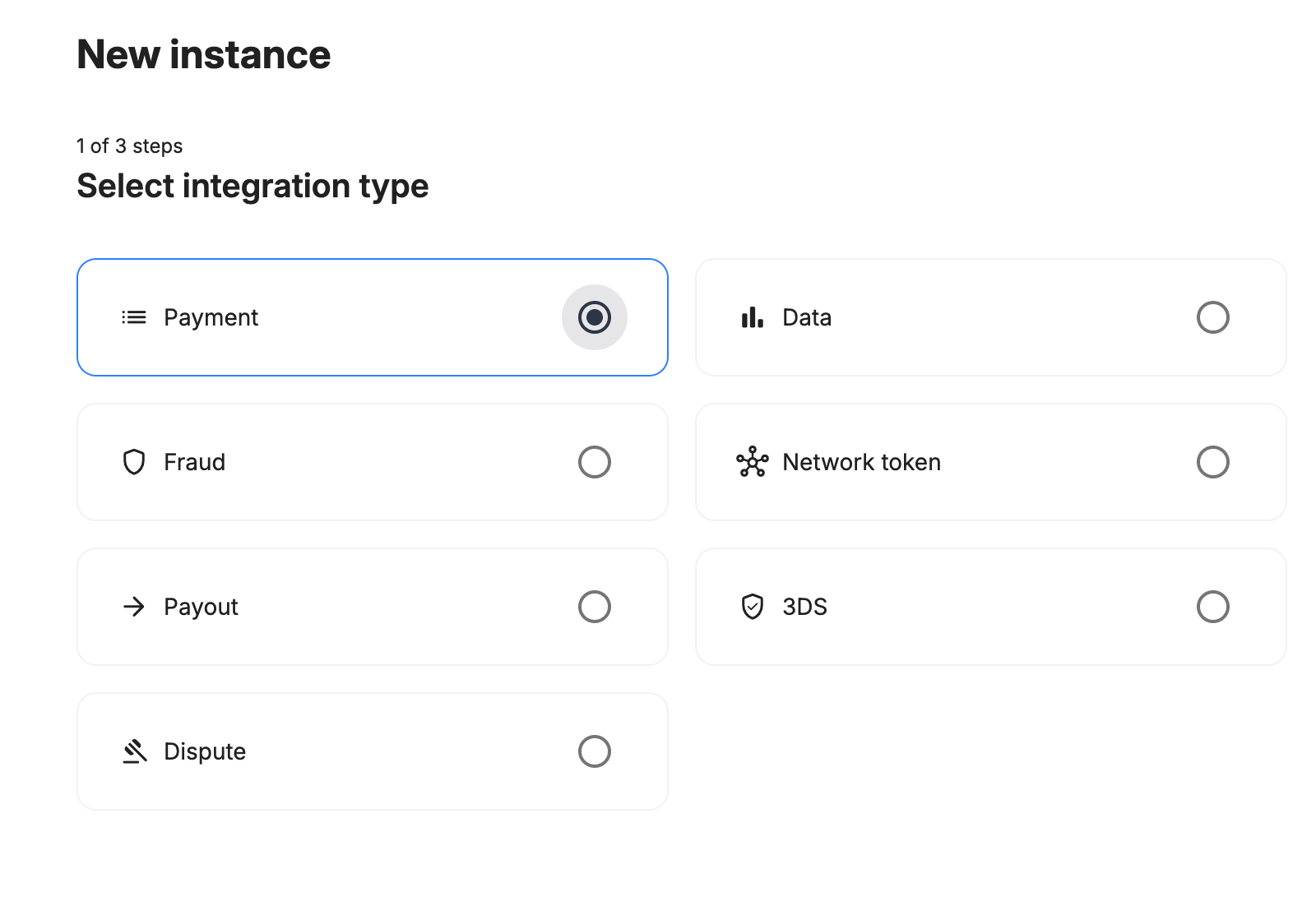 Payrails integration type selection with Payment selected