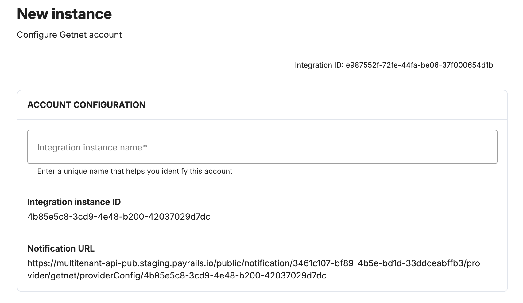 Payrails Getnet integration instance name field