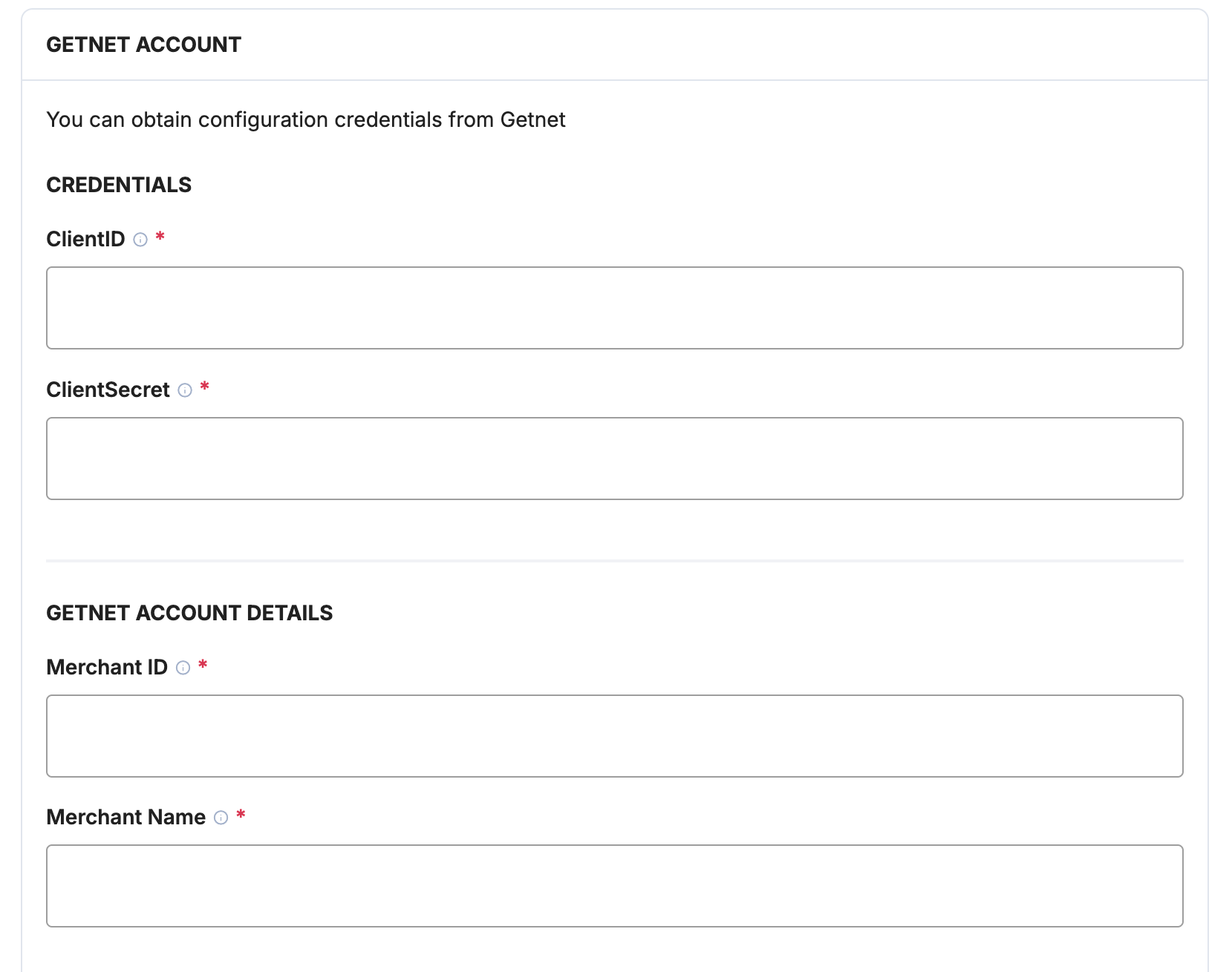 Payrails Getnet account details fields for merchant ID and merchant name