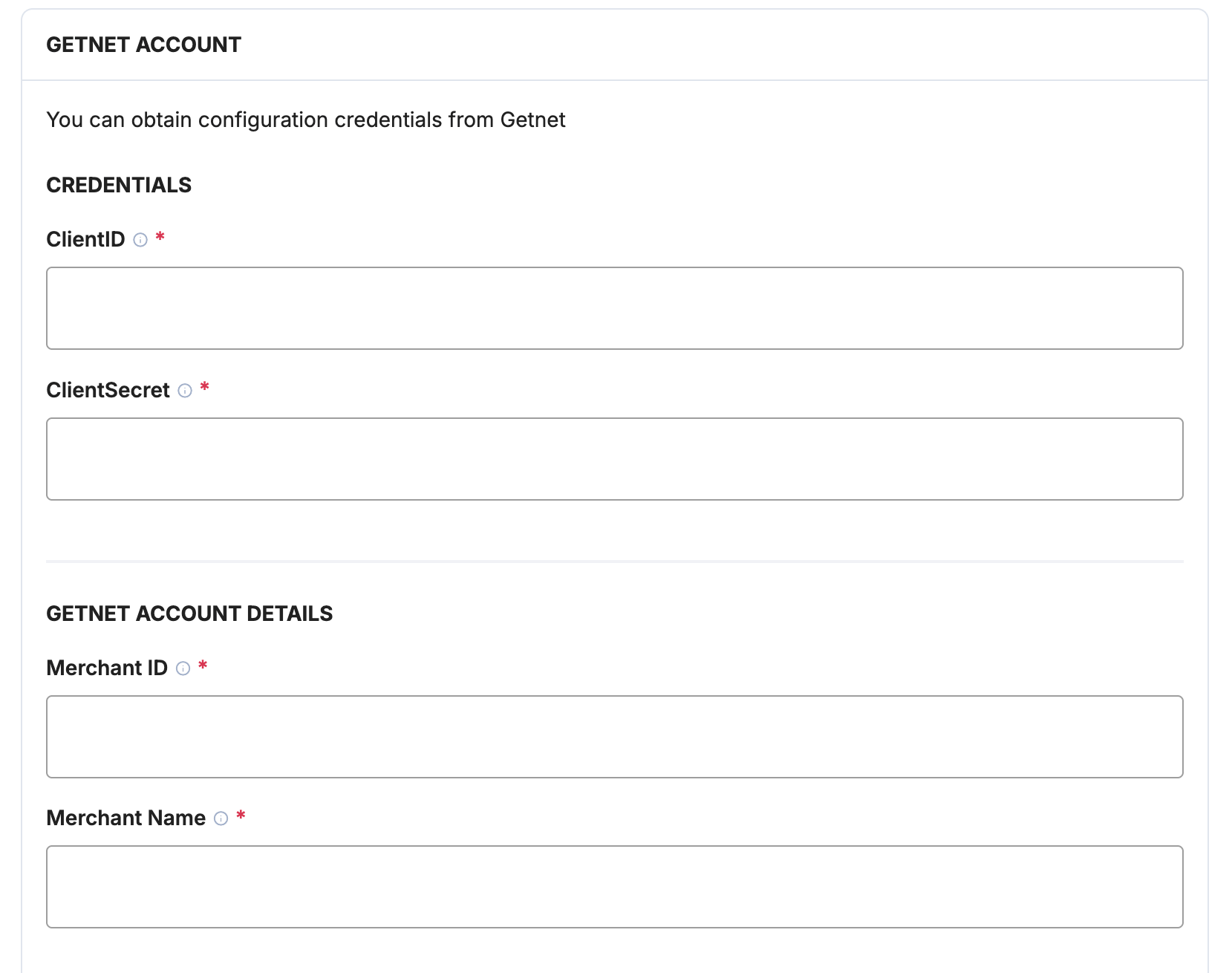 Payrails Getnet account details fields for merchant ID and merchant name