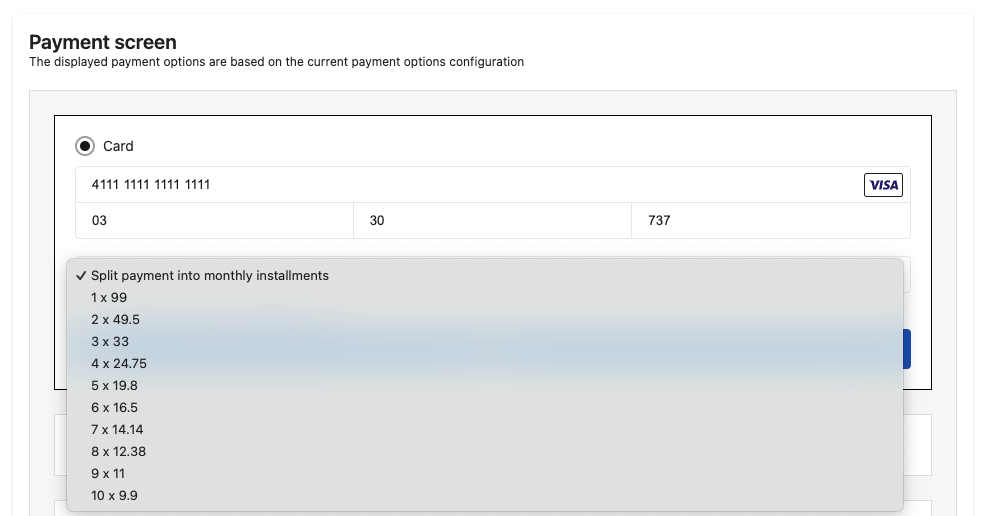 Installment payments dropdown