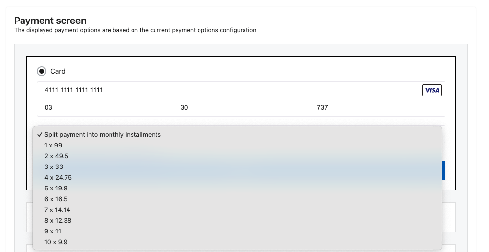 Installment payments dropdown