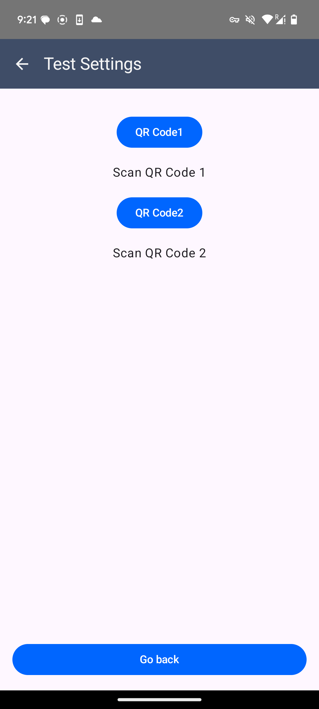 The test app's settings screen