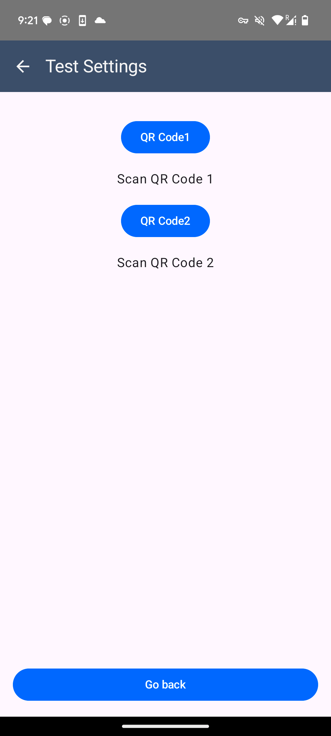 The test app's settings screen