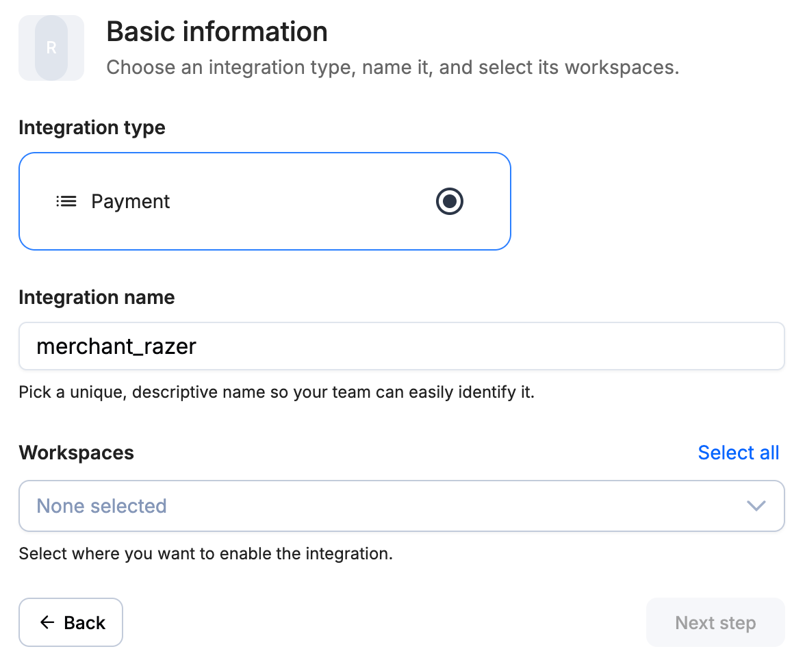 A screenshot showing the Razer basic information step with integration type, name and workspaces.