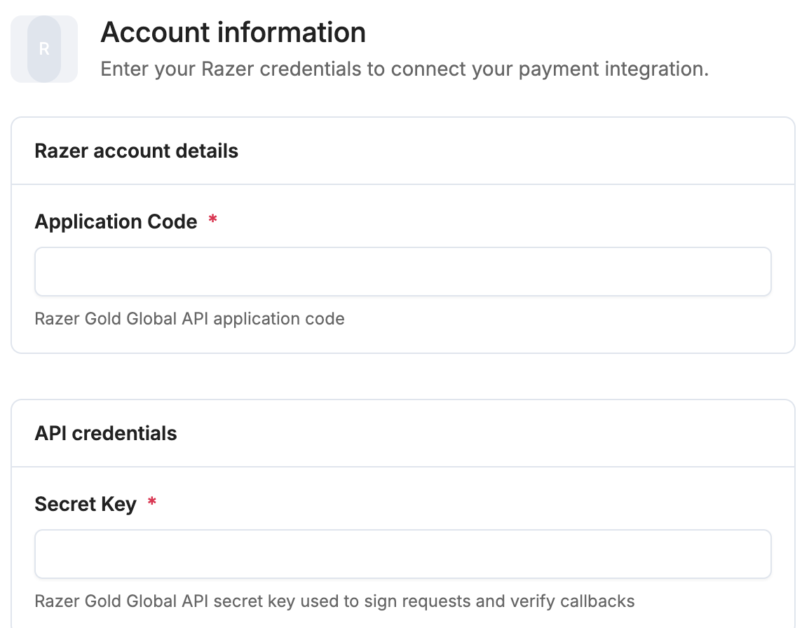A screenshot showing the Razer application code and secret key fields.