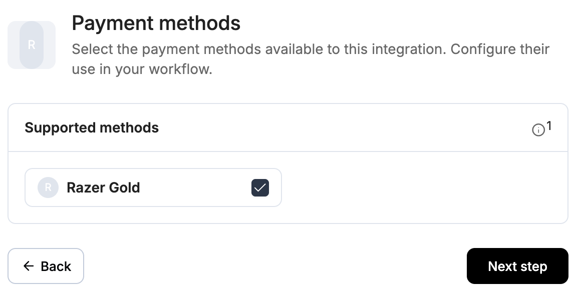 A screenshot showing the Razer payment methods step with Razer Gold selected.