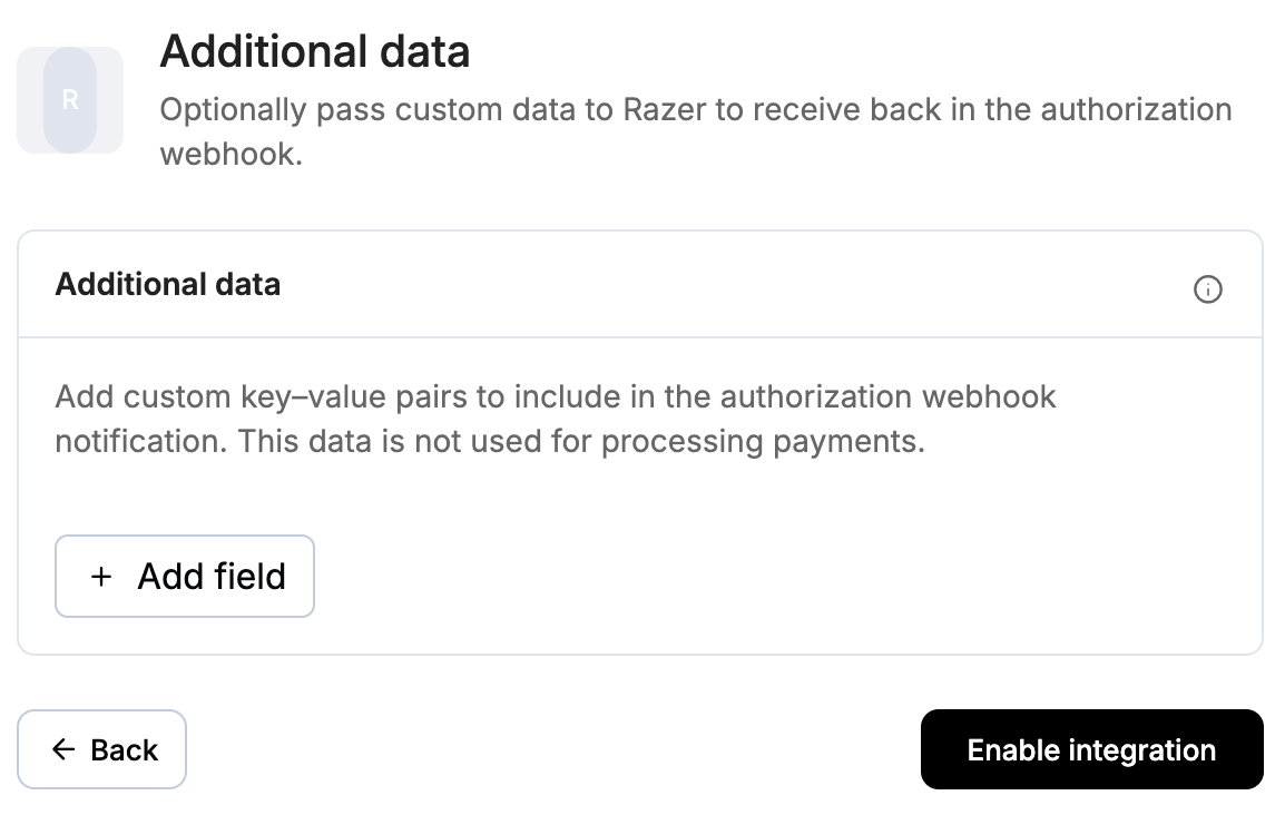 A screenshot showing the Razer additional data step with the Add field button.