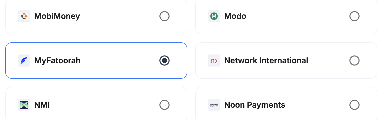 A screenshot showing MyFatoorah selected as the provider.