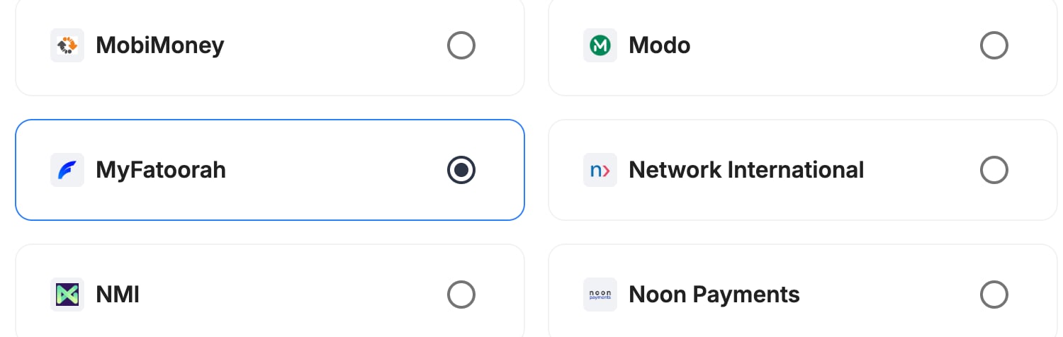 A screenshot showing MyFatoorah selected as the provider.