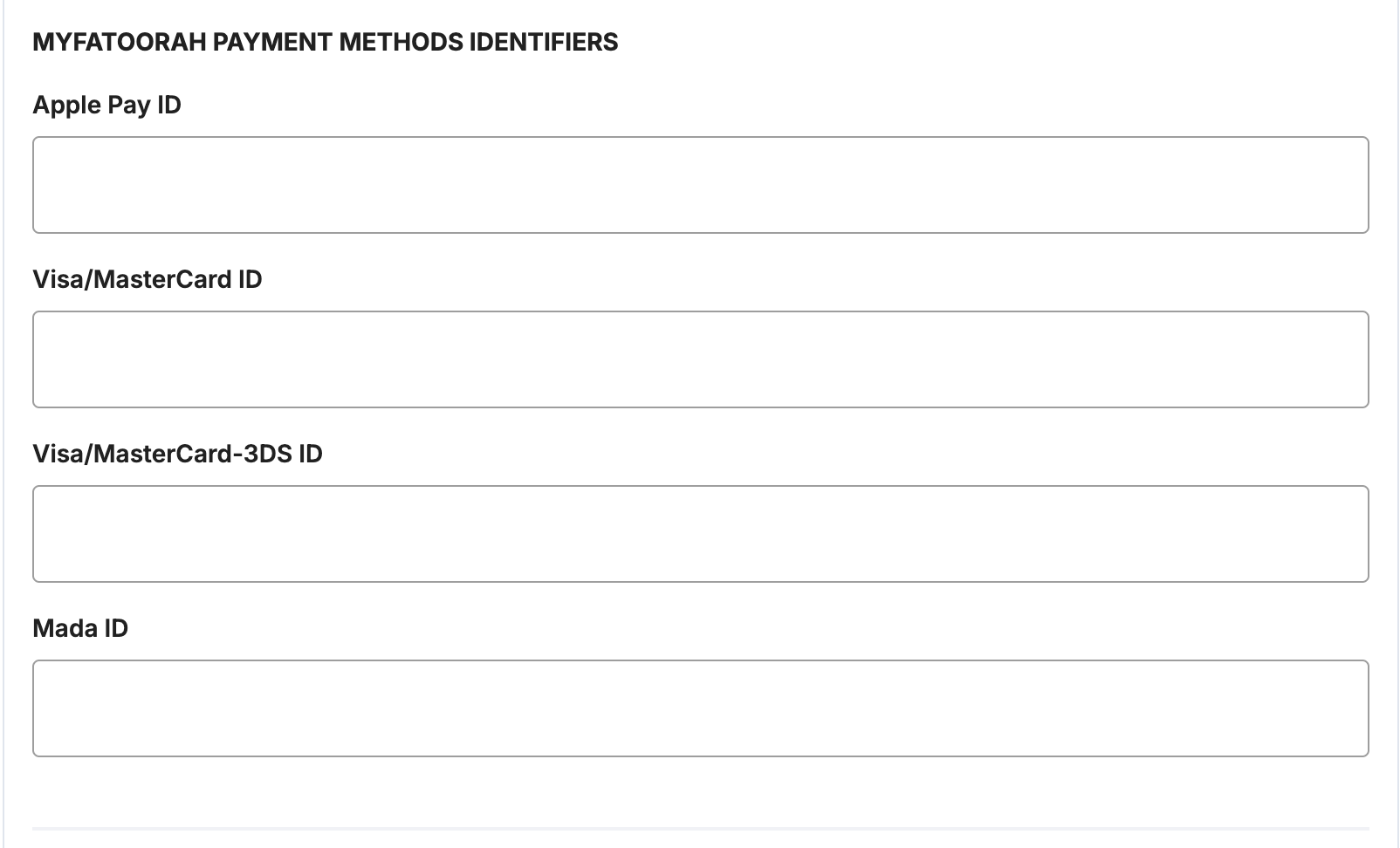 A screenshot showing the MyFatoorah payment method identifier fields.