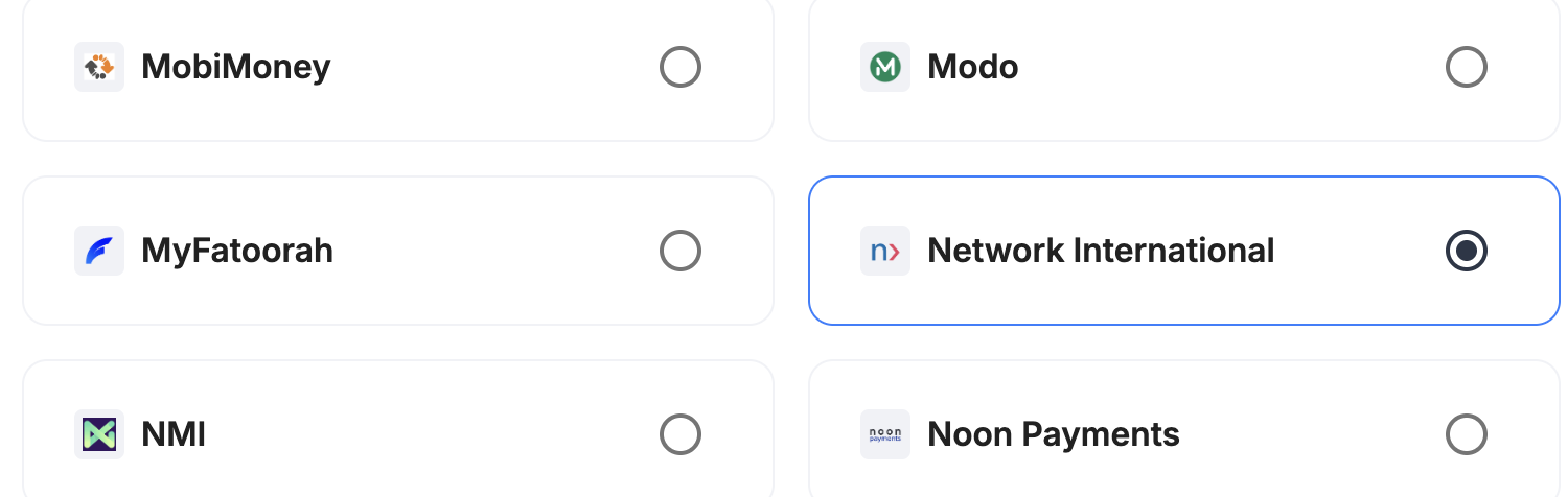 A screenshot showing Network International selected as the provider.