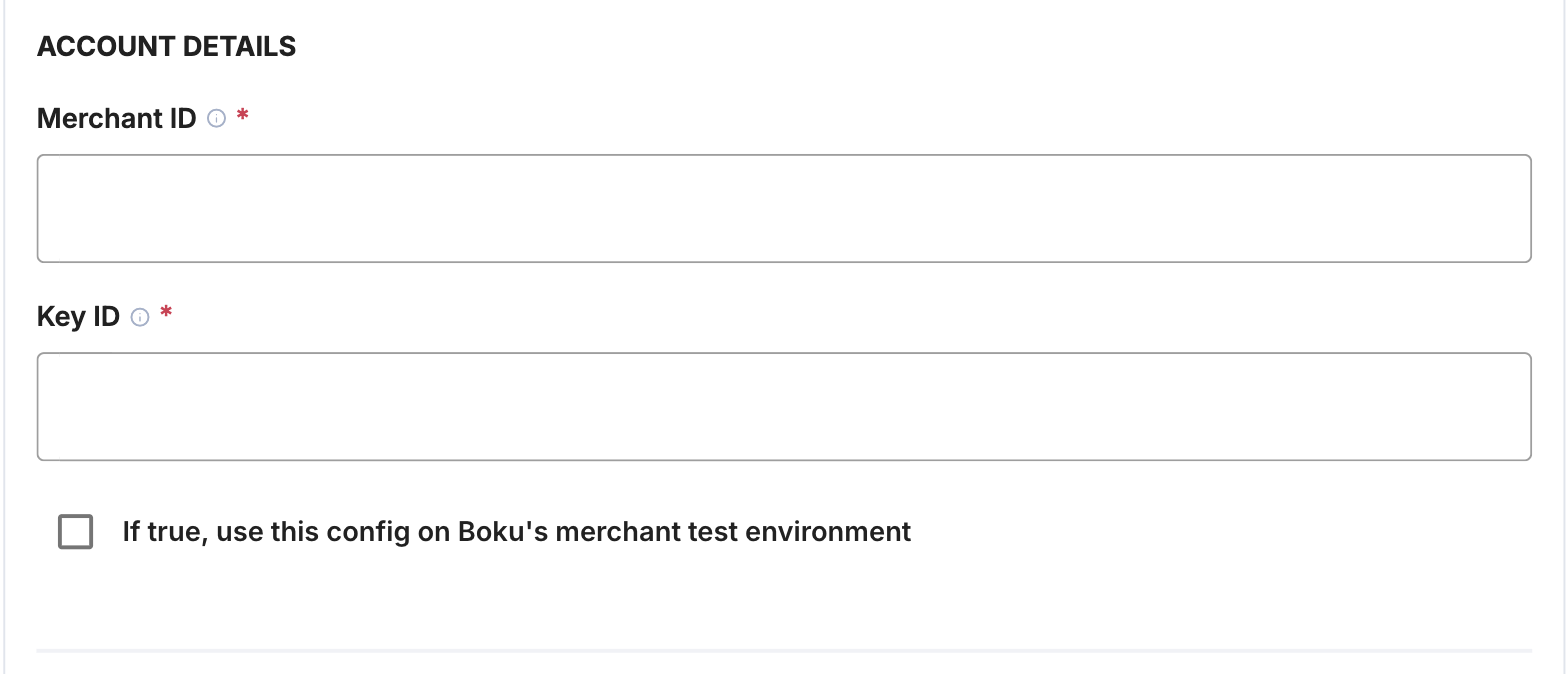 A screenshot showing the Boku account details fields.