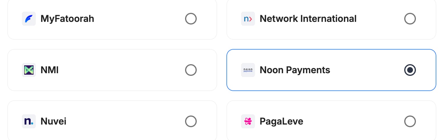 A screenshot showing Noon Payments selected as the provider.