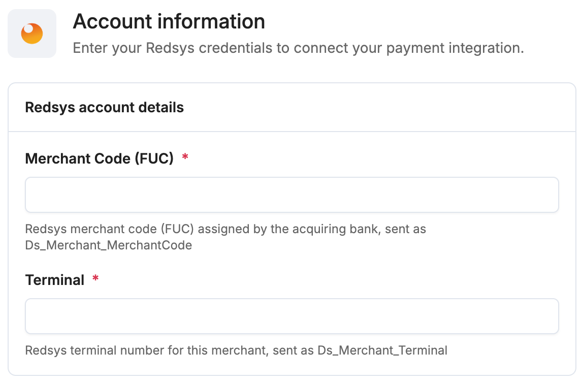 A screenshot showing the Redsys account details fields for merchant code and terminal.