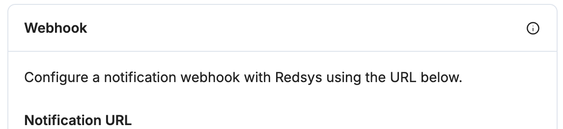 A screenshot showing the Redsys webhook section with the notification URL label.