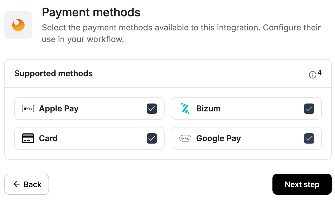 A screenshot showing the Redsys payment methods step with Apple Pay, Bizum, Card and Google Pay.