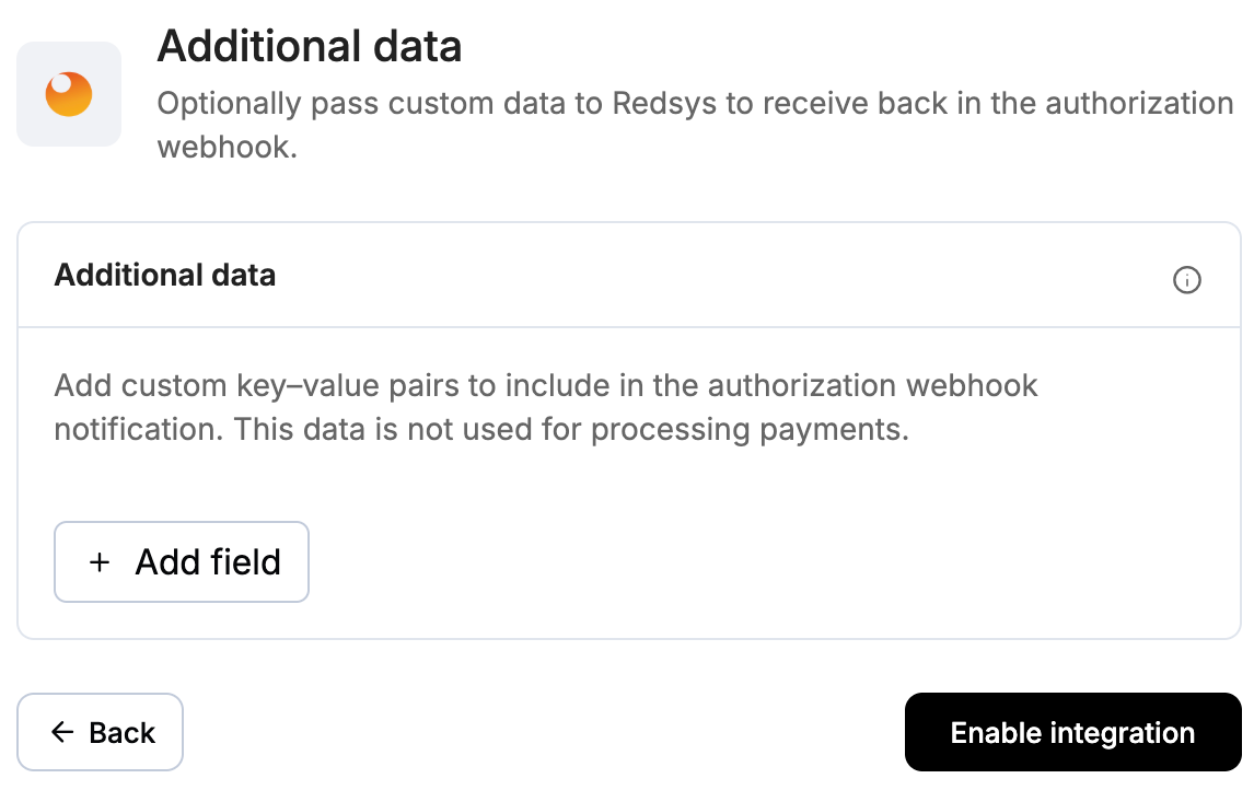 A screenshot showing the Redsys additional data step with the Add field button.