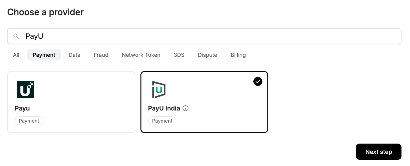 A screenshot showing PayU India selected as the provider.