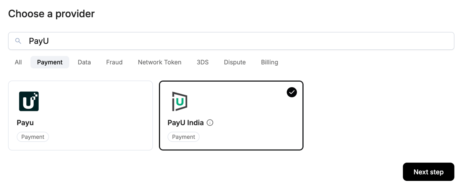 A screenshot showing PayU India selected as the provider.