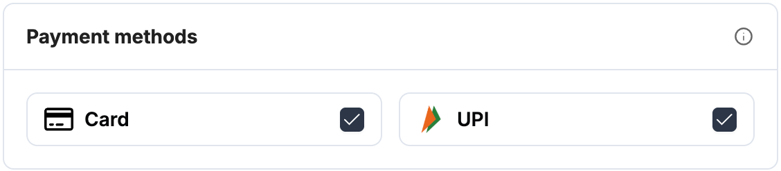 A screenshot showing the PayU India payment methods with Card and UPI selected.