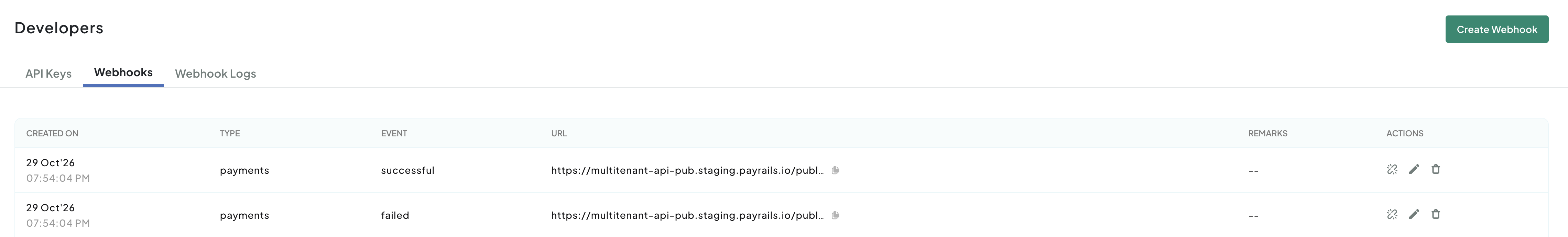 A screenshot showing the PayU India payment webhooks for successful and failed events.