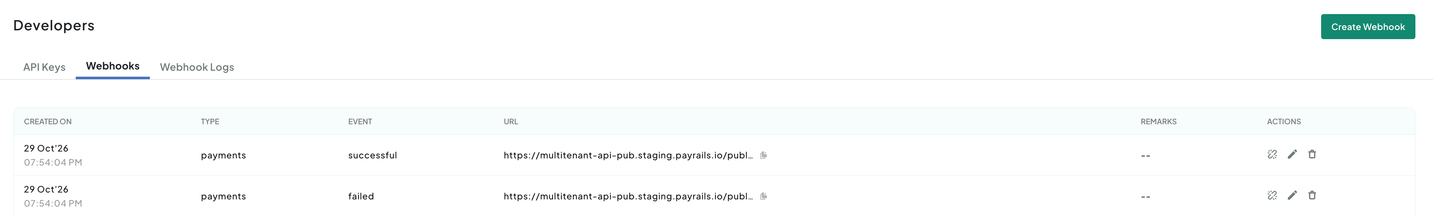 A screenshot showing the PayU India payment webhooks for successful and failed events.