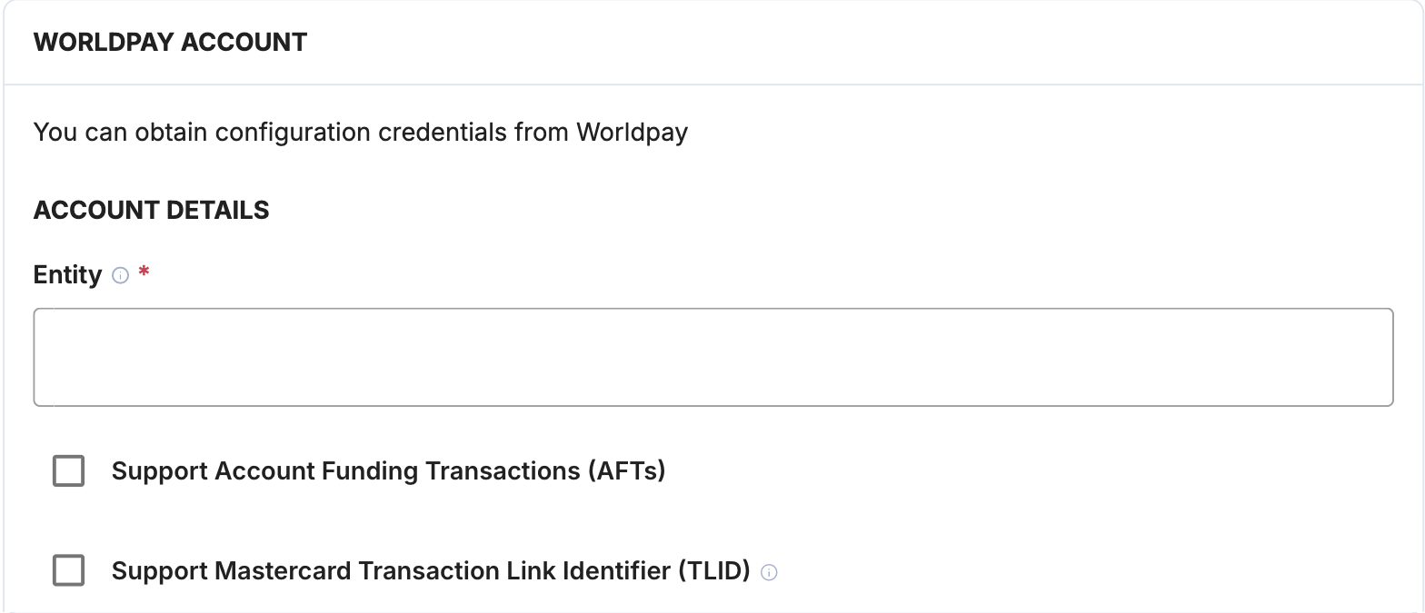 A screenshot showing the Worldpay account details fields.