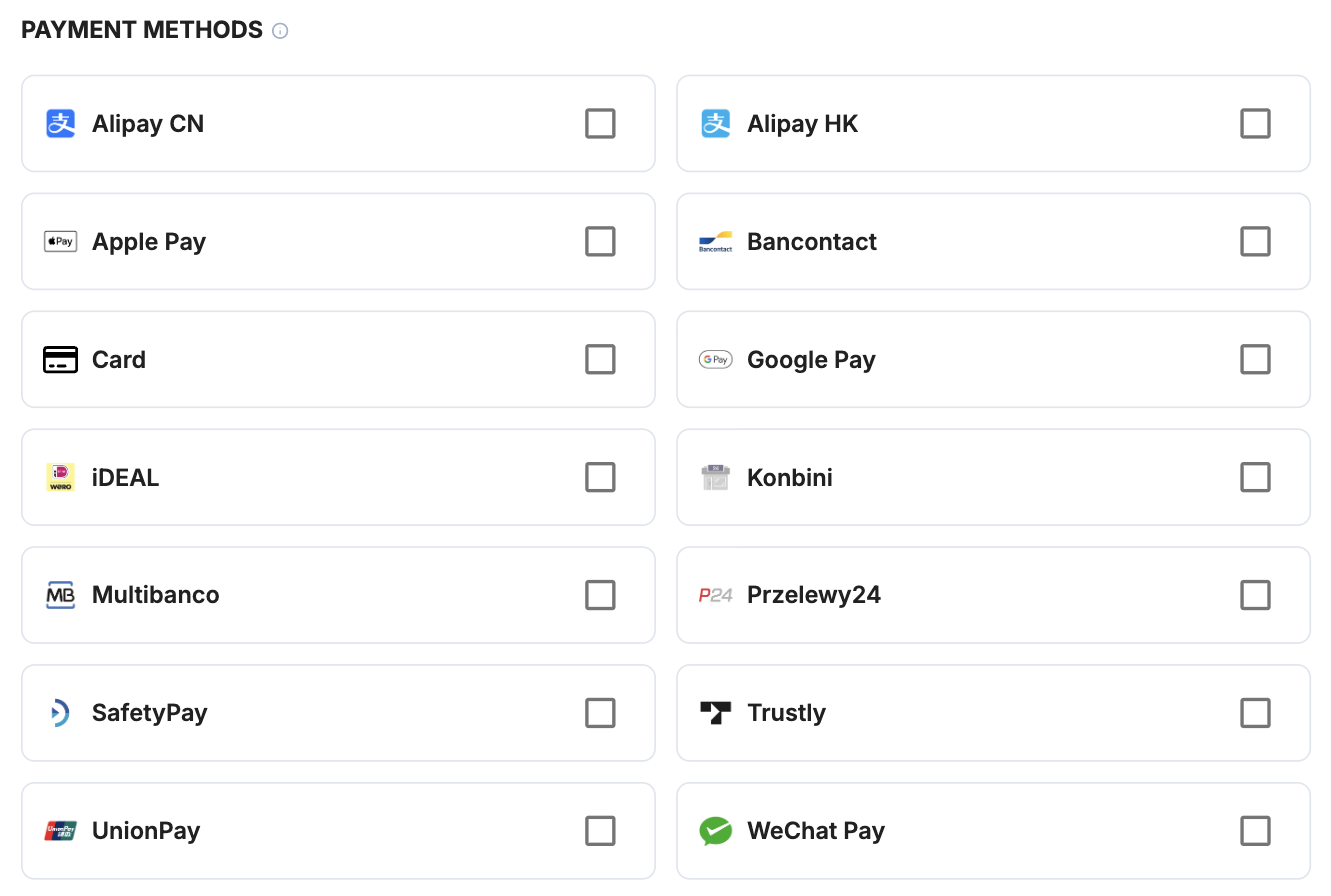 A screenshot showing the Worldpay payment method selection.